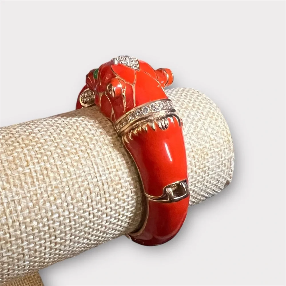 Coral Enamel Lion Head Cuff Bangle Bracelet